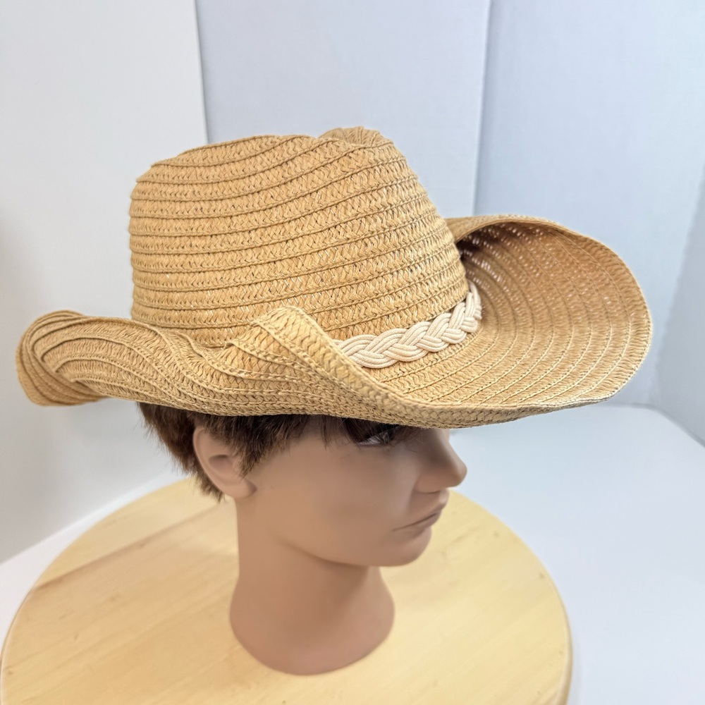 Western Straw Cowboy Style Hat with braided accent and gemstone.